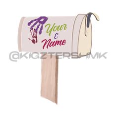 a handprinted mailbox with the word your and name on it, painted in purple