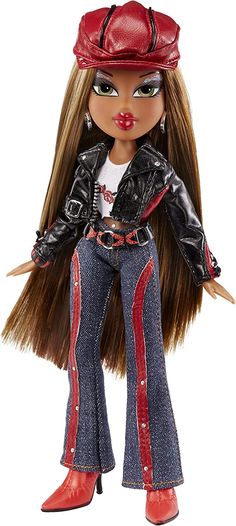 a doll with long hair wearing jeans and a red hat