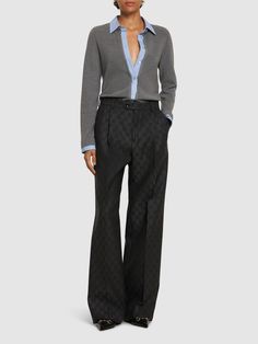 Front button and zip closure. Belt loops. Front pleats. Side pockets. Straight leg. Model is wearing a size38 Luxury High-waisted Office Pants, Business Casual Pants With Hidden Button Closure, Formal Fall Pants With Button Closure, Gucci Formal Pants, Elegant Fitted Gucci Pants, Formal Fall Wide Leg Pants With Button Closure, Gucci Wide Leg Workwear Bottoms, Gucci Straight Leg Work Bottoms, Chic Fitted Gucci Bottoms