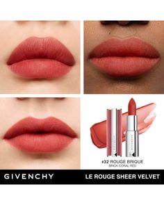 Givenchy Le Rouge Sheer Velvet Lipstick What it is: A sheer, matte lipstick that delivers buildable lip color with a blurred, soft-focus effect.   What it does: Mango butter, rich in Vitamin E, provides weightless comfort and preserves lip hydration for up to 24H. Up to 12H-wear lip color with smooth application thanks to the easy-to-apply, glide-on texture. Couture range of 10 wearable shades, in an exceptional pink velvet case.   How to Use: Start by applying to the upper lip, out... True Red Lipstick, Velvet Matte Lipstick, Givenchy Beauty, Velvet Lipstick, Lipstick Collection, Beauty Sponge, Acai Berry, Lip Hydration, Mango Butter