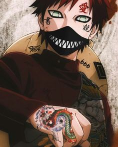 an anime character with tattoos on his arm and mouth, holding a snake in one hand