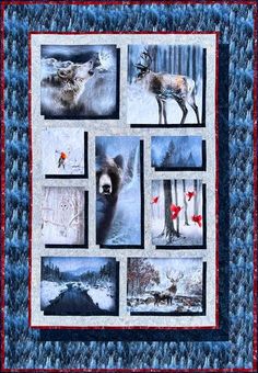 a quilted wall hanging with pictures of animals in the snow and trees on it