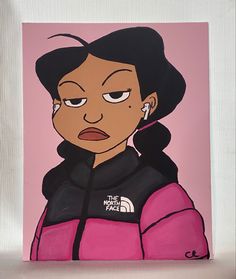 a painting of a woman in pink and black with an angry look on her face