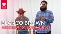 two men standing next to each other in front of a white background with the words, blanco brown and the git up dance challenge