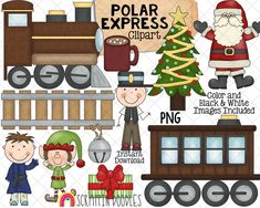 the polar express clipart set includes santa, train, snowman and christmas tree