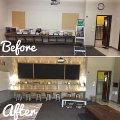 before and after photos of an office break room with chalkboards on the wall, benches in front of desks