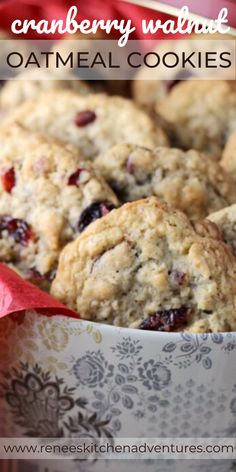 cranberry walnut oatmeal cookies in a white bowl with red ribbon