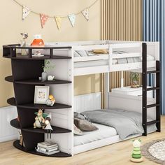 there is a bunk bed with a ladder on the bottom and a book shelf below it