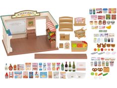 an assortment of miniature food and drink items in front of a display case with the words supermarket on it