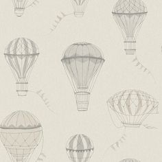 several hot air balloons are shown on a white wallpapered room with neutral walls