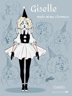 a drawing of a woman in a dress with clowns around her