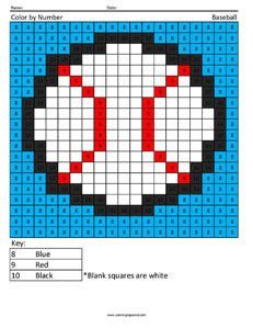 BaseballColor by Number Kindergarten Worksheet coloring page Softball Cross Stitch Patterns, Crochet Baseball Granny Square, Plastic Canvas Baseball Pattern, Baseball Granny Square, Baseball Perler Beads, Baseball Cross Stitch Patterns, Baseball Perler Bead Pattern, Baseball Pixel Art, Perler Bead Baseball