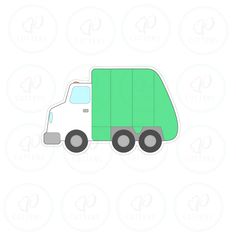 a paper cutout of a green garbage truck on a white background with the letter g in the middle