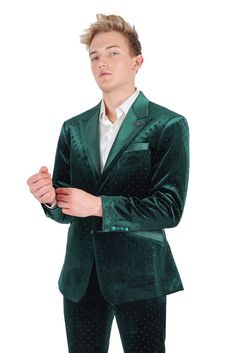 Barabas Friday Night Slim Fit Blazer BL3020 Hunter Green When you opt for the slim-fit, this blazer from BARABAS MEN will make you feel confident in this bold and intriguing fashion choice. A slim fit is cut with a narrower point-to-point shoulder measurement, higher armholes Peak lapel Two-button closure; four-button cuffs Two front flap pockets; left chest welt pocket Silver Rhinestones Pattern Pattern design Polyester/viscose Dry clean Barabas Friday Night Slim Fit Blazer BL3020 Hunter Green When you opt for the slim-fit, this blazer from BARABAS MEN will make you feel confident in this bold and intriguing fashion choice.  A slim fit is cut with a narrower point-to-point shoulder measurement, higher armholes Peak lapel Two-button closure; four-button cuffs Two front flap pockets; left c Slim Fit Blazer For Winter Parties, Winter Party Slim Fit Blazer, Slim Fit Blazer With Suit Collar For Party, Slim Fit Notch Lapel Blazer For Party, Slim Fit Blazer With Notch Lapel For Parties, Single Button Fitted Blazer For Night Out, Fitted Single Button Blazer For Night Out, Green Fitted Blazer For Night Out, Fitted Green Blazer For Night Out