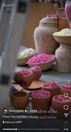 pink and white flowers are in clay pots on the ground next to other vases