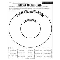 the circle of control worksheet is shown in black and white, with words on it