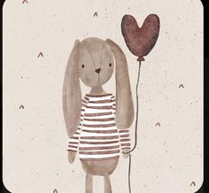 a drawing of a rabbit holding a heart shaped balloon in it's mouth and wearing a striped shirt