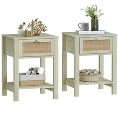 two white nightstands with baskets on each side