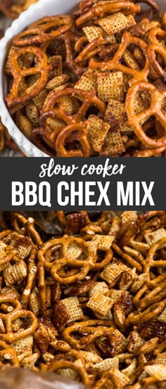 slow cooker bbq chex mix in a white bowl with pretzels