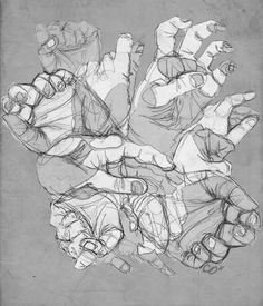 a drawing of several hands reaching up in the air