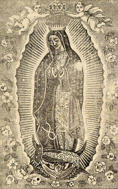 an image of the virgin mary with skulls and flowers around her head, in black and white