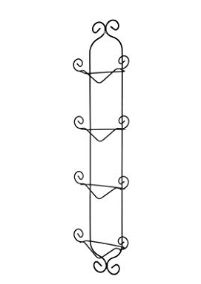 a wrought iron shelf with three shelves on each side and two hanging hooks at the top