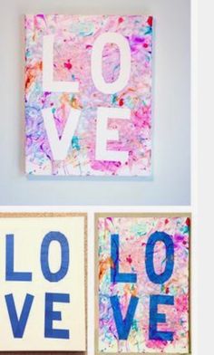 three pictures with the words love on them in different colors and shapes, one is made out of paper