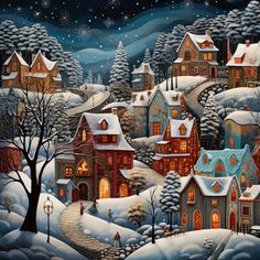 a painting of snow covered houses and trees