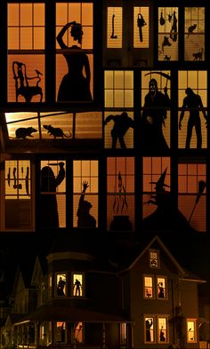 the silhouettes of people and animals are seen through windows in this house at night