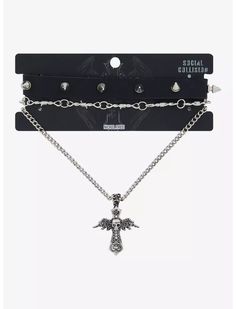 Social Collision Winged Skull Cross Necklace Set Edgy Metal Cross Jewelry, Edgy Cross-shaped Metal Jewelry, Edgy Streetwear Choker Jewelry, Rock Style Metal Jewelry For Streetwear, Grunge Streetwear Choker Jewelry, Grunge Choker Jewelry For Streetwear, Grunge Choker For Streetwear, Gothic Choker For Streetwear, Gothic Choker Jewelry For Streetwear