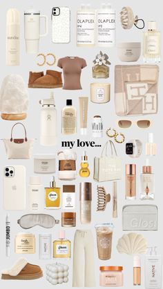 an assortment of personal items arranged in the shape of a collage with words that read, my love