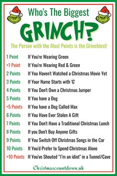 Grinch Holiday Games, Christmas Family Games 2024, Who Is The Grinchiest Game, Grinch Christmas Party Games For Kids, Grinch Family Christmas Party, Grinch Themed Christmas Games, Grinch Christmas Games Holiday Parties, Family Christmas Activity Ideas, Grinch Minute To Win It Games