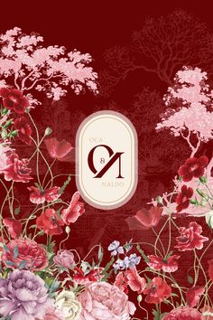 the letter q is surrounded by flowers on a red background with pink and purple flowers