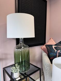 Elegant Green Glass Table Lamp – Ombre Base & White Fabric Shade - Decor interiors Green Glass Table, Green Table Lamp, Green Glass Bottles, Table Lamps Living Room, Green Ombre, Modern Accents, Office Spaces, Transitional Decor, Modern Lamp