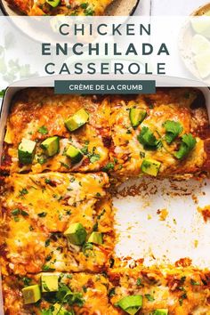 the chicken enchilada casserole is cut into slices