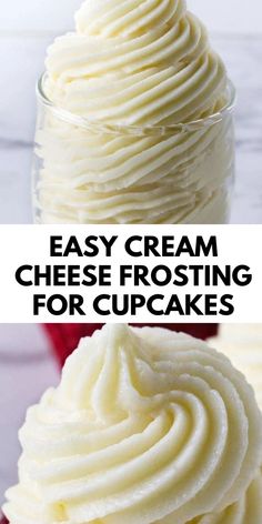 two pictures with the words easy cream cheese frosting for cupcakes in them