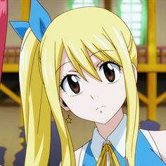 an anime character with long blonde hair and big eyes, wearing a blue shirt and yellow tie