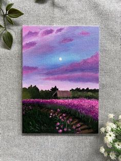 a painting of a field full of flowers with the moon in the sky above it