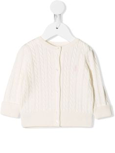 White cotton cable knit cardigan from Ralph Lauren Kids featuring a ribbed round neck, a front button fastening, a contrast embroidered logo at the chest and a ribbed hem and cuffs. Buttoned Cardigan, Kids Cardigans, Polo Ralph Lauren Kids, Ralph Lauren Logo, Ralph Lauren Kids, Kenzo Kids, Cable Knit Cardigan, Kids Coats, White Cardigan