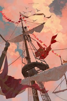 an artistic painting of a pirate ship with flags flying in the wind and clouds behind it