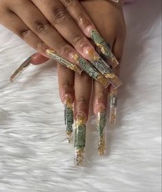 Money Nails Acrylic, Expensive Nails, Raw Nails, 90s Nails, Gucci Nails, Green Nail