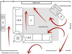 the floor plan for a living room with furniture and accessories in red arrows pointing to each other