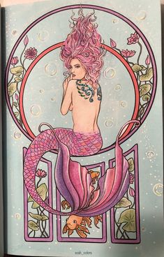 a drawing of a mermaid with pink hair sitting in a circle surrounded by leaves and flowers