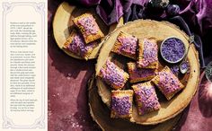 purple sprinkled pastries on a wooden platter