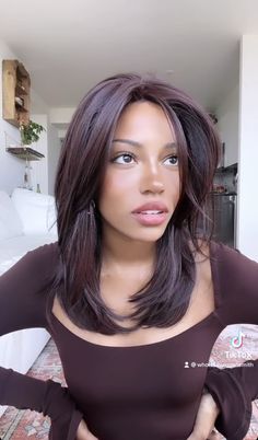 Romantic Layers Hair, Semi Dark Brown Hair, Dark Cola Hair Color, Hair Colors For Neutral Undertones, Hair Inspo Color Shoulder Length, Cool Amethyst Hair Color, Cherry Brown Hair Black Women, Dark Feminine Hair Color, Subtle Hair Color For Black Hair