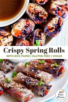 crispy spring rolls on a plate with dipping sauce