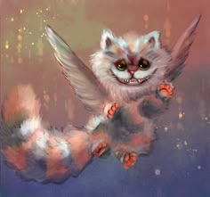 a painting of a cat flying through the air with its wings spread out and it's eyes open