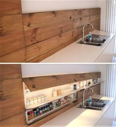 two pictures of the same kitchen counter top with shelves above it and below them, there is