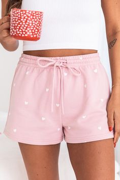 Pink Cute Heart Print Drawstring Lounge Shorts Shapewear Dress, Romper And Jacket, Sweater Jumpsuit, Cute Heart, Print Shorts, Dresses By Length, Lounge Shorts, Printed Drawstring, Loungewear Shorts