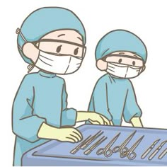 two surgeons in blue scrubs and masks are operating on an open medical machine with the words m & l